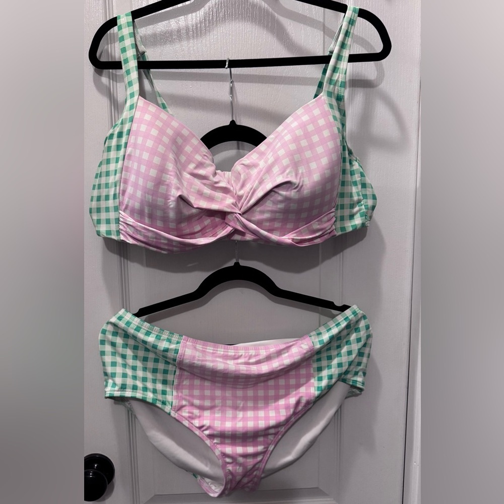 Draper James Pink and Green Gingham Bikini